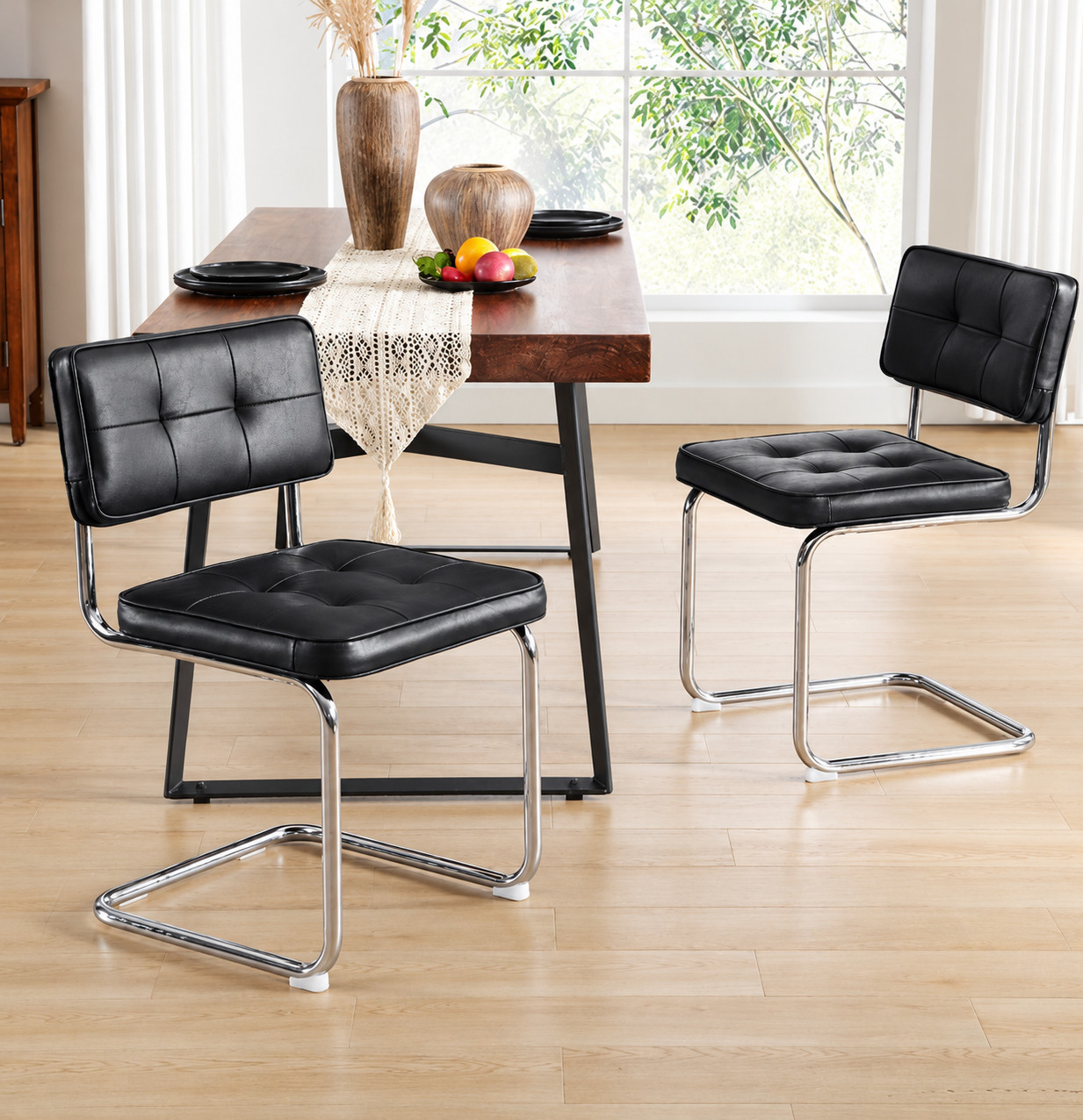 Zesthouse 19.3″ Modern Dining Chairs Set of 2, Faux Leather Upholstered Kitchen Chairs with Back and Chrome Legs, Armless Side Chairs for Kitchen & Dining Living Room, Black
