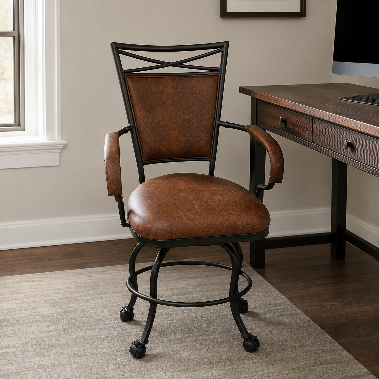 Rustic Swivel Bar Stool Chair – 360° Rotation – Faux Leather – Armrests
