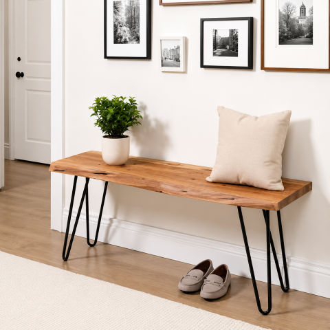 Natural Live-Edge Wood Bench with Hairpin Legs