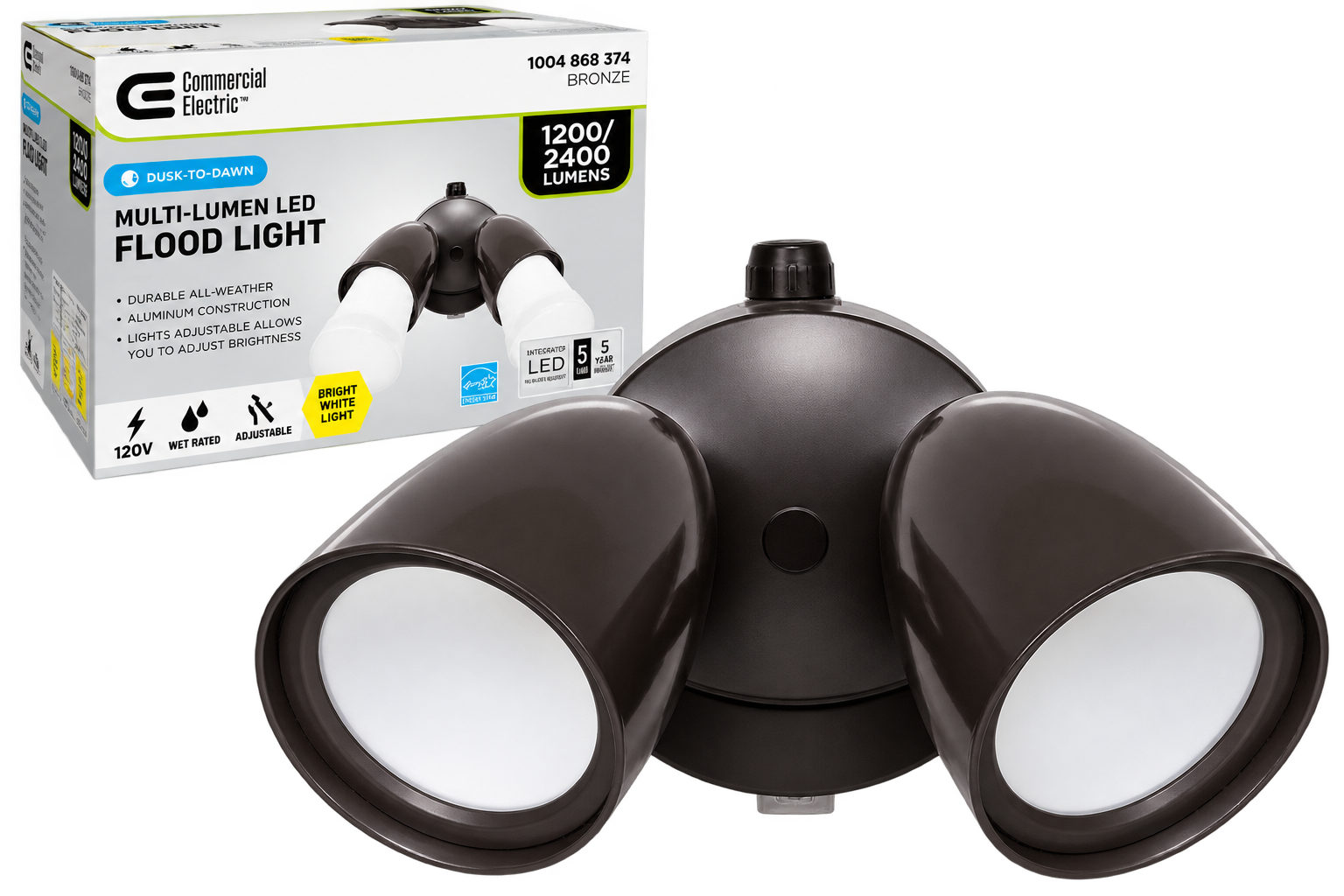Dusk to Dawn Sensor Bronze Exterior Outdoor Twin Head LED Flood Light Security 1200 to 2400 Lumens 4000K Wet Rated