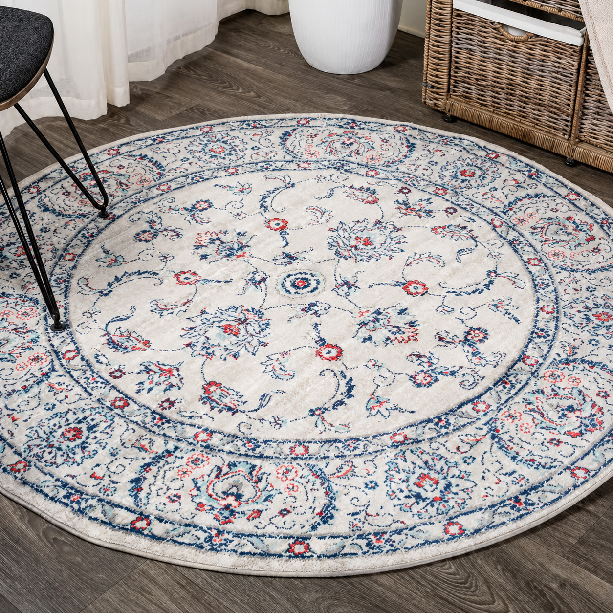 JONATHAN Y Modern Vintage Light Gray/Red Round Area Rug