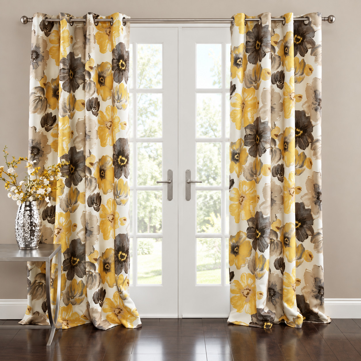 Yellow & Gray Floral Room Darkening Curtains – Set of 2