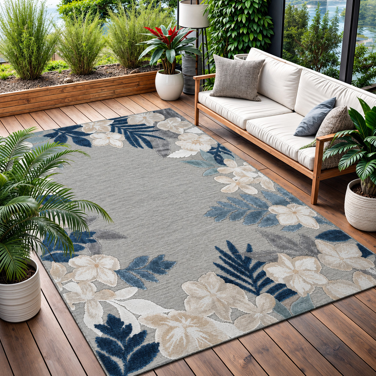 Rug 6x9 Washable Area Rugs Indoor Outdoor Carpets Aqua Border Floral Non Shedding Waterproof Easy Clean Patio Deck Porch Living Room Bedroom Garden RV