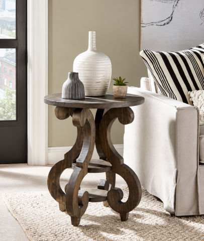 Bethel Round End Table with Two Shelves – Peppercorn