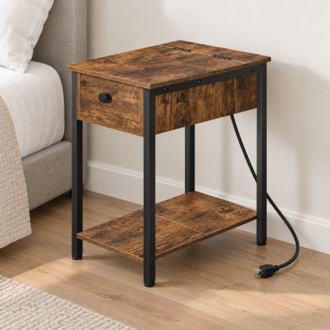 Rustic Brown Narrow Charging End Table with Drawer