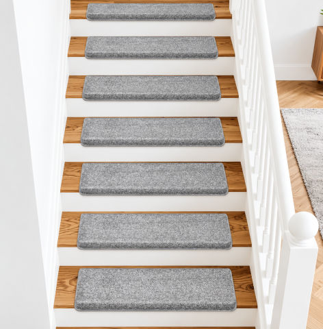 Light Gray 9.5 in. x 30 in. x 1.2 in. Bullnose Polypropylene Non-slip Carpet Stair Tread Cover Landing Mat (Set of 15)