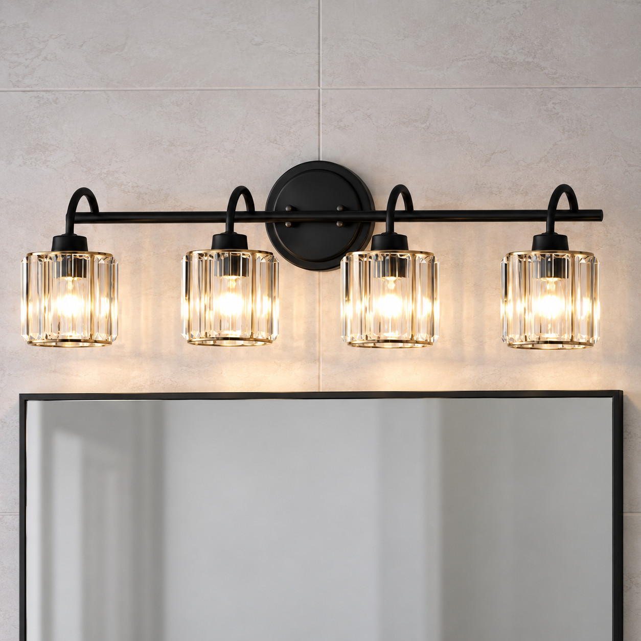 4-Light Matte Black Crystal Glass Bathroom Vanity Light
