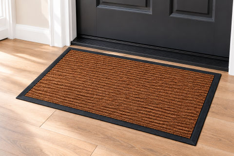 Rectangular entry mat with a textured brown surface and non-slip black rubber border