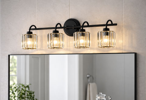 ExBrite 4-Light Bathroom Light Fixtures, Crystal Vanity Lights for Bathroom Modern Wall Light Fixture Above Mirror